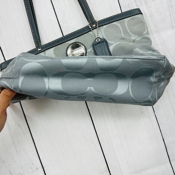 Coach gray signature stripe canvas leather tote shoulder bag purse F1126-F18365 - Picture 7 of 14